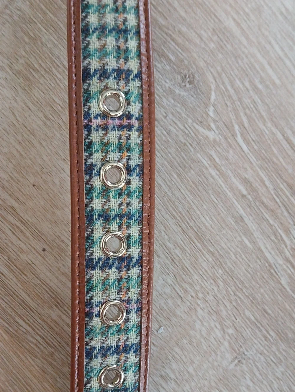 Talbots Belt Hybrid Fabric And Leather Hounds tooth Plaid Gold Tone Hardware XL